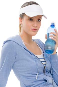 Sport - young woman in summer fitness outfit with water bottle