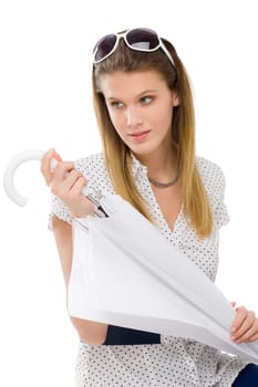 Fashion model - young woman hold umbrella in summer designer clothes