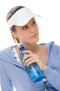 Sport - young woman in summer fitness outfit with water bottle