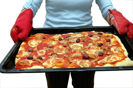woman holding pizza, isolated on white background