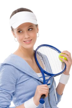 Tennis player - young woman holding racket in fitness outfit