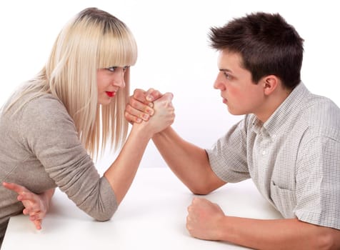 Young woman and man fighting together in skandenberg