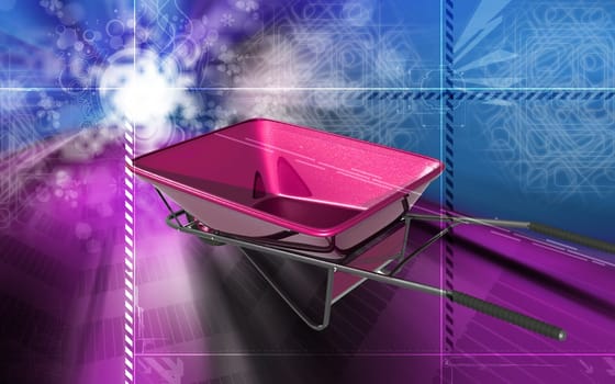 Digital illustration of metal tray wheel barrow in colour background