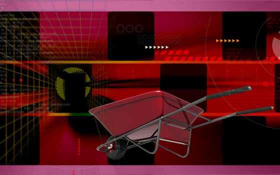 Digital illustration of metal tray wheel barrow in colour background