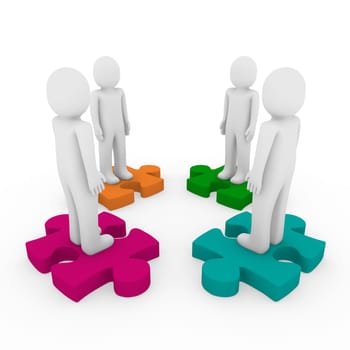 3d men puzzle teamwork green orange pink purple