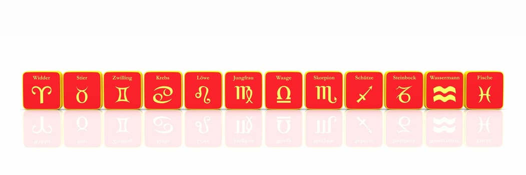 Zodiac Sign in Row Red Gold on White 01