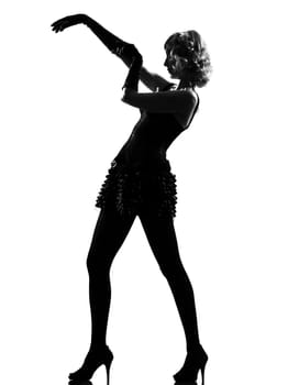 stylish silhouette caucasian beautiful woman sexy  attitude behavior adusting evening gloves clothes full length on studio isolated white background