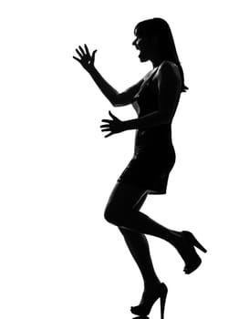 stylish silhouette caucasian beautiful woman happy welcoming surprised full length on studio isolated white bwelcoming amazed ackground