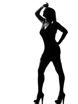 stylish silhouette caucasian beautiful woman despair tired full length on studio isolated white background