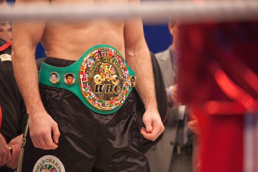 19 March 2011 in Cologne, Gemany. Vitali Klitschko with WBC Belt after fight against Odlanier Solis. Vitali Klitschko knocked out Odlanier Solis in the first round to retain his WBC heavyweight title.