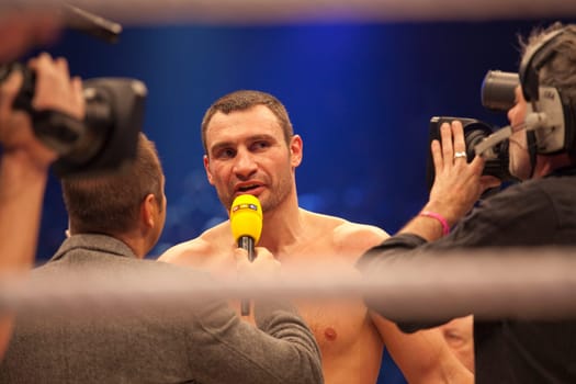 19 March 2011 in Cologne, Gemany. Interview with Vitali Klitschko in the ring after fight against Odlanier Solis. Vitali Klitschko knocked out Odlanier Solis in the first round to retain his WBC heavyweight title.