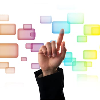 Finger pressing a button on touch screen interface
