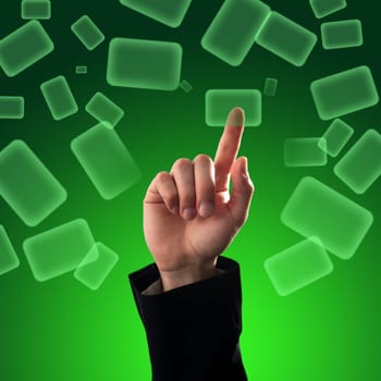 Finger pressing a button on touch screen interface