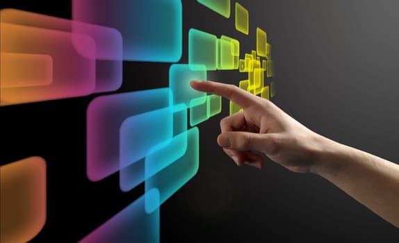 Finger pushing a virtual button on a touch screen interface
