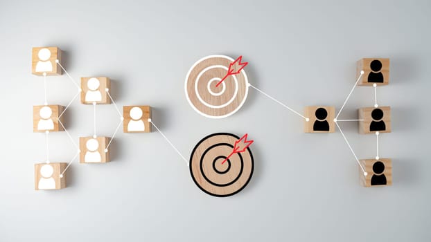 wooden block which prints a target icon connection linkage with human icon on white background. Business goals and objectives concept. business competition. customer focus target group and customer relation management concept.