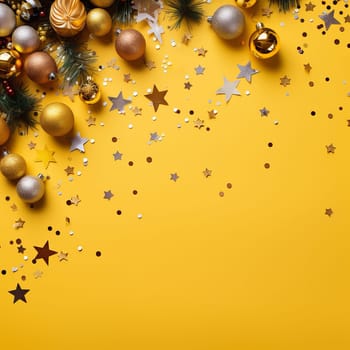 Luxury New Year's balls and toys on a yellow background on Christmas Eve.