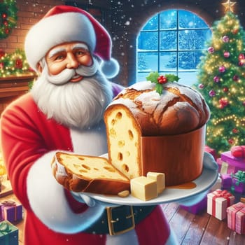 santa claus bake panettone italian christmas sweet cake in xmas atmospehere generative ai art