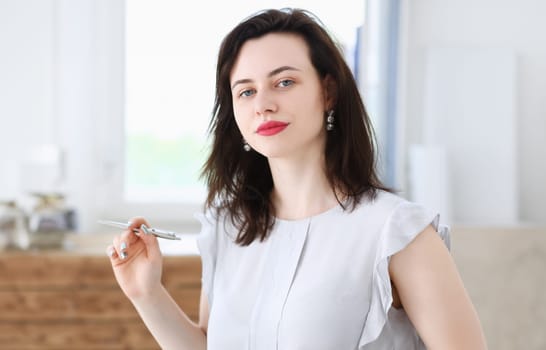 Beautiful smiling businesswoman portrait at workplace look in camera. White collar worker at workspace exchange market job offer certified public accountant internal revenue officer concept