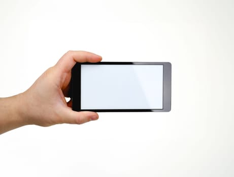 Male hand hoding smartphone isolated on white background. You can insert an image image of your text for the concept or project development of mobile applications and their advertising mobile devices