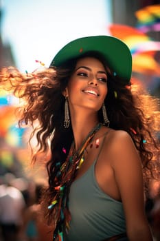 Beautiful black woman celebrating carnival and dancing on the street. AI Generated