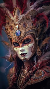 Beautiful woman in black mysterious venetian mask. Carnival. AI Generated