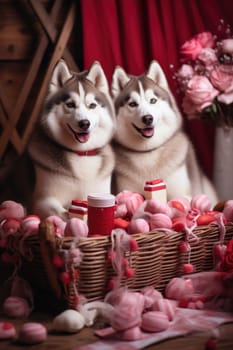 Valentine day celebration. two sweet puppies with flowers and hearts. AI Generated