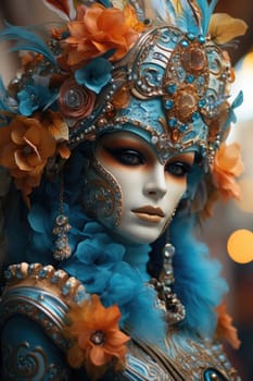 Beautiful woman in black mysterious venetian mask. Carnival. AI Generated