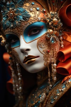 Beautiful woman in black mysterious venetian mask. Carnival. AI Generated