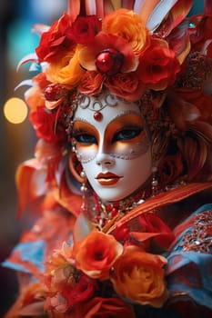 Beautiful woman in black mysterious venetian mask. Carnival. AI Generated