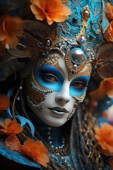 Beautiful woman in black mysterious venetian mask. Carnival. AI Generated