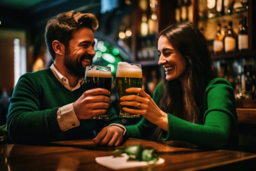 people dressed in green with beer celebrating Oktoberfest on bar background. AI Generated