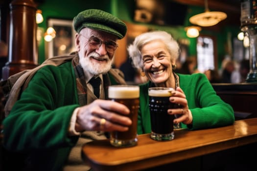 people dressed in green with beer celebrating Oktoberfest on bar background. AI Generated