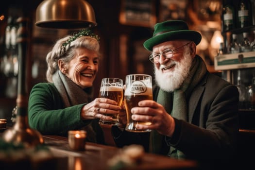 people dressed in green with beer celebrating Oktoberfest on bar background. AI Generated