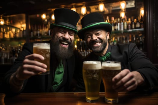 people dressed in green with beer celebrating Oktoberfest on bar background. AI Generated