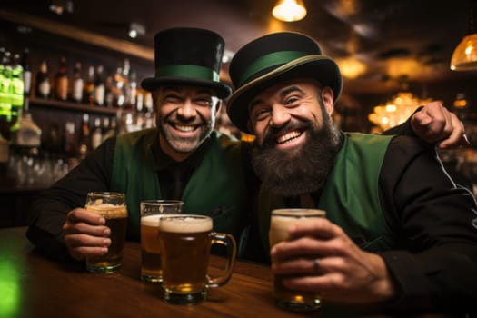 people dressed in green with beer celebrating Oktoberfest on bar background. AI Generated