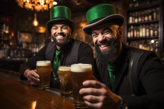 people dressed in green with beer celebrating Oktoberfest on bar background. AI Generated