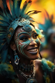 Beautiful black woman in black mysterious venetian mask. Carnival. AI Generated