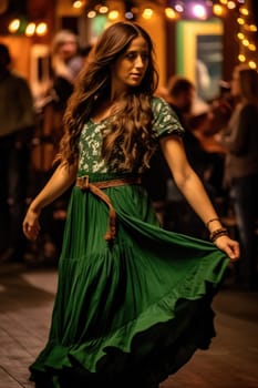 Beautiful woman wearing green dress dancing in the street. Carnival. AI Generated