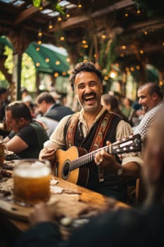man playing guitar celebrating Oktoberfest on bar background. AI Generated