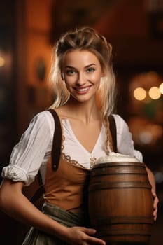 Beautiful Octoberfest waitress with beer and barrel on bar background. AI Generated