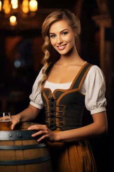 Beautiful Octoberfest waitress with beer and barrel on bar background. AI Generated