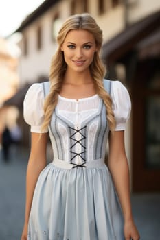 Beautiful Octoberfest waitress with beer and barrel on bar background. AI Generated