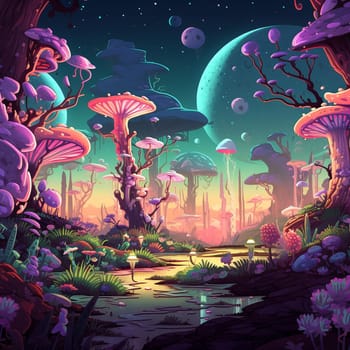 Psychedelic Poster with fantastic landscapes, mystical characters. AI Generated