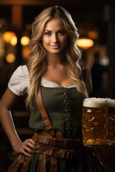 Beautiful Octoberfest waitress with beer and barrel on bar background. AI Generated