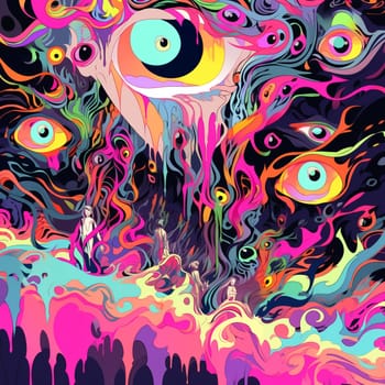 Psychedelic Poster with fantastic landscapes, mystical characters. AI Generated