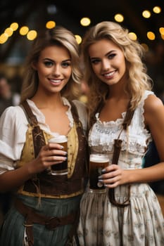 Beautiful Octoberfest waitress with beer and barrel on bar background. AI Generated