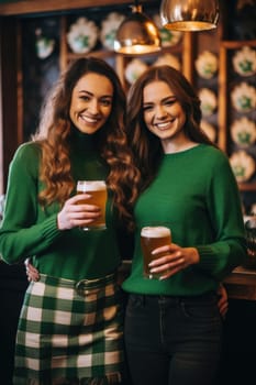 women dressed in green with beer celebrating Oktoberfest or st Patrick dat on bar background. AI Generated