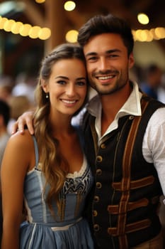 couple with beer celebrating Oktoberfest on bar background. AI Generated