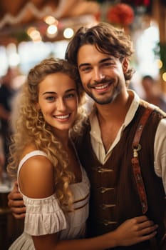 couple with beer celebrating Oktoberfest on bar background. AI Generated