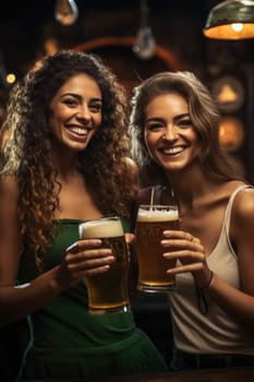 women dressed in green with beer celebrating Oktoberfest on bar background. AI Generated